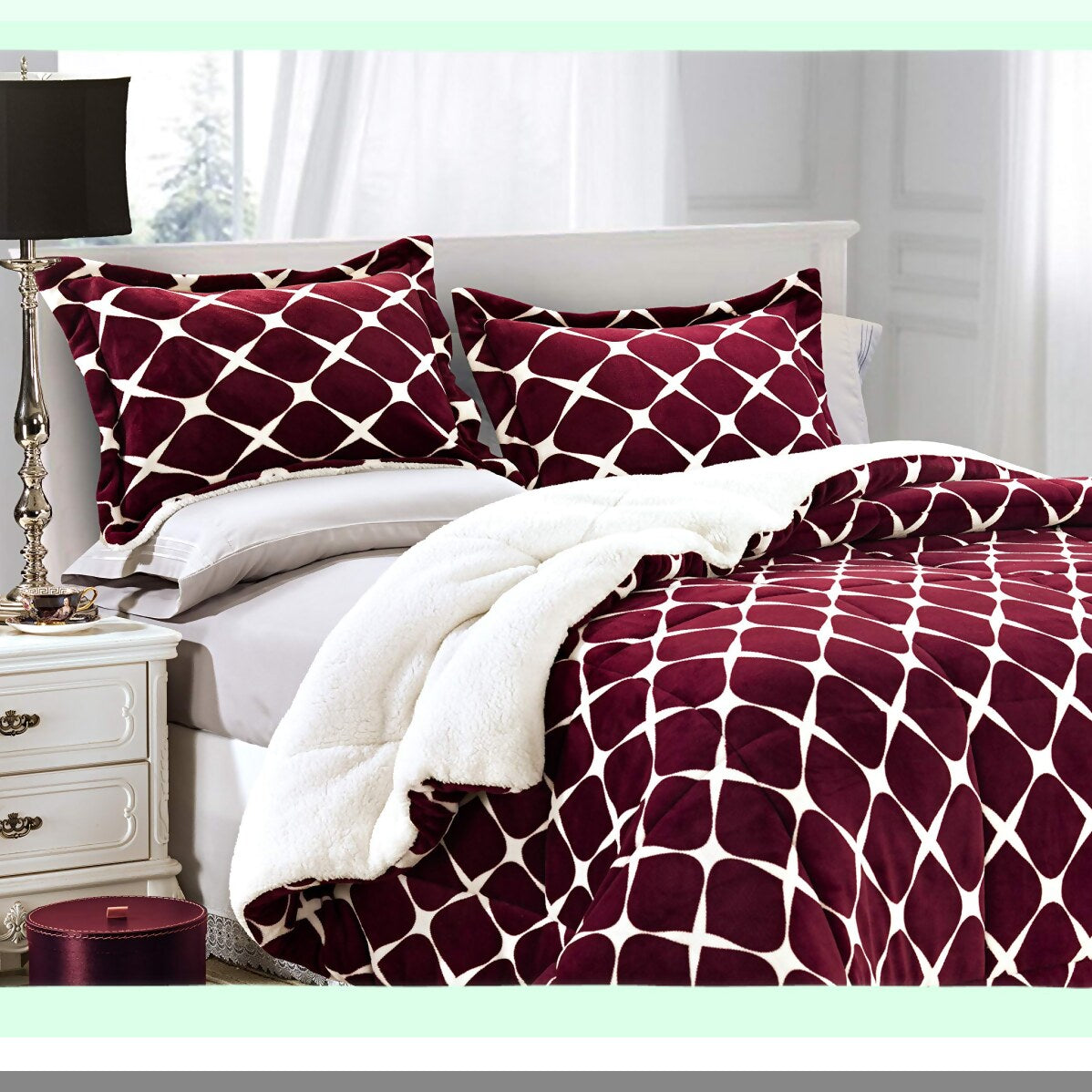 Luxury Plush Bloomingdale Sherpa Comforter Set - Burgundy - Micro-Suede Reversible Down Alternative - Cozy Heavy Weight - Premium Quality - 3-Piece