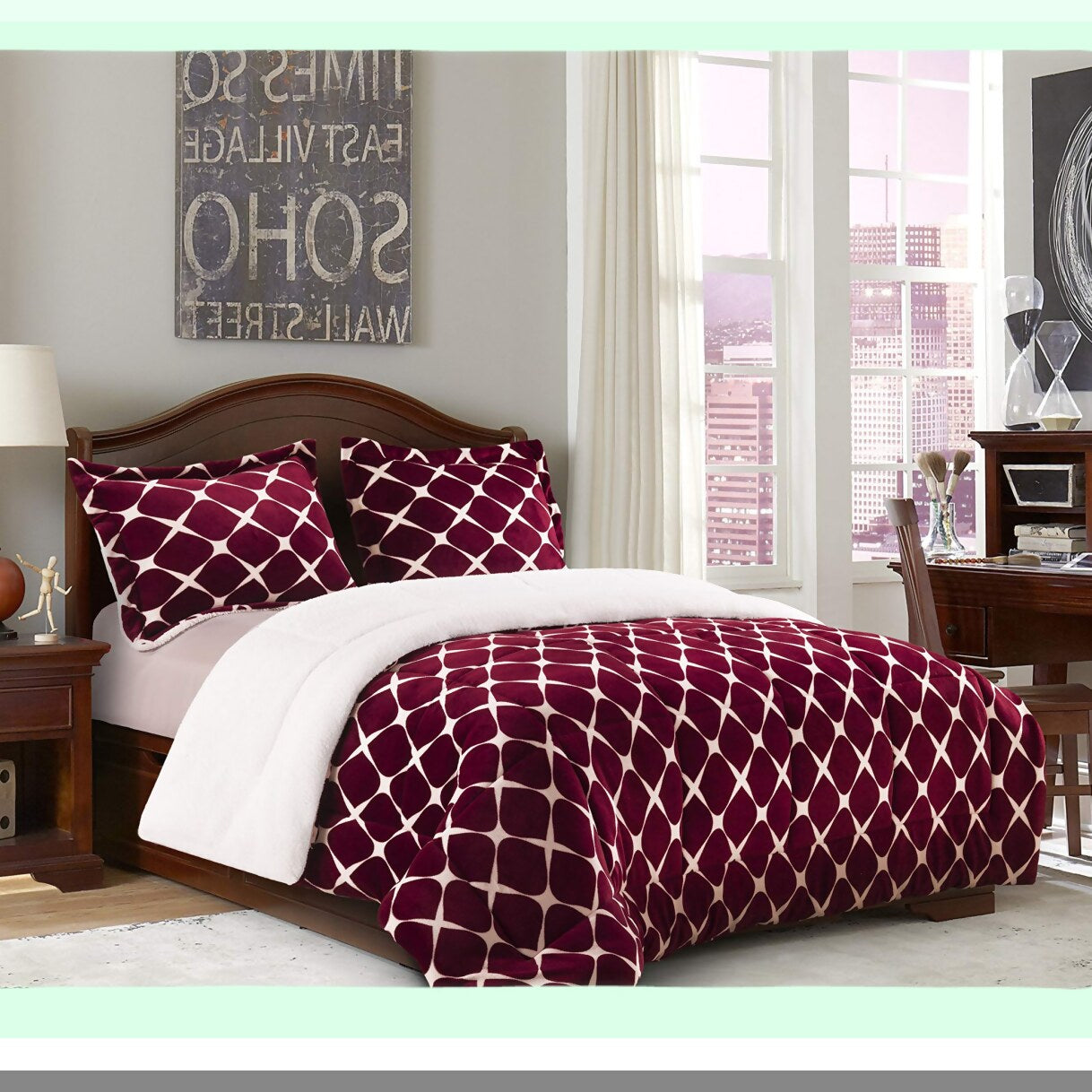 Luxury Plush Bloomingdale Sherpa Comforter Set - Burgundy - Micro-Suede Reversible Down Alternative - Cozy Heavy Weight - Premium Quality - 3-Piece