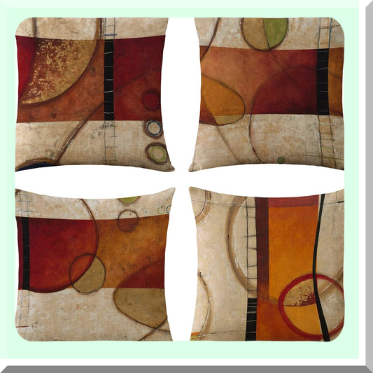 Vintage Abstract Fall Winter Pillow Covers - Set of 4 Square Burlap Cushion Cases 18x18 Inch for Living Room, Couch, and Bed - Brick Red Circle Design