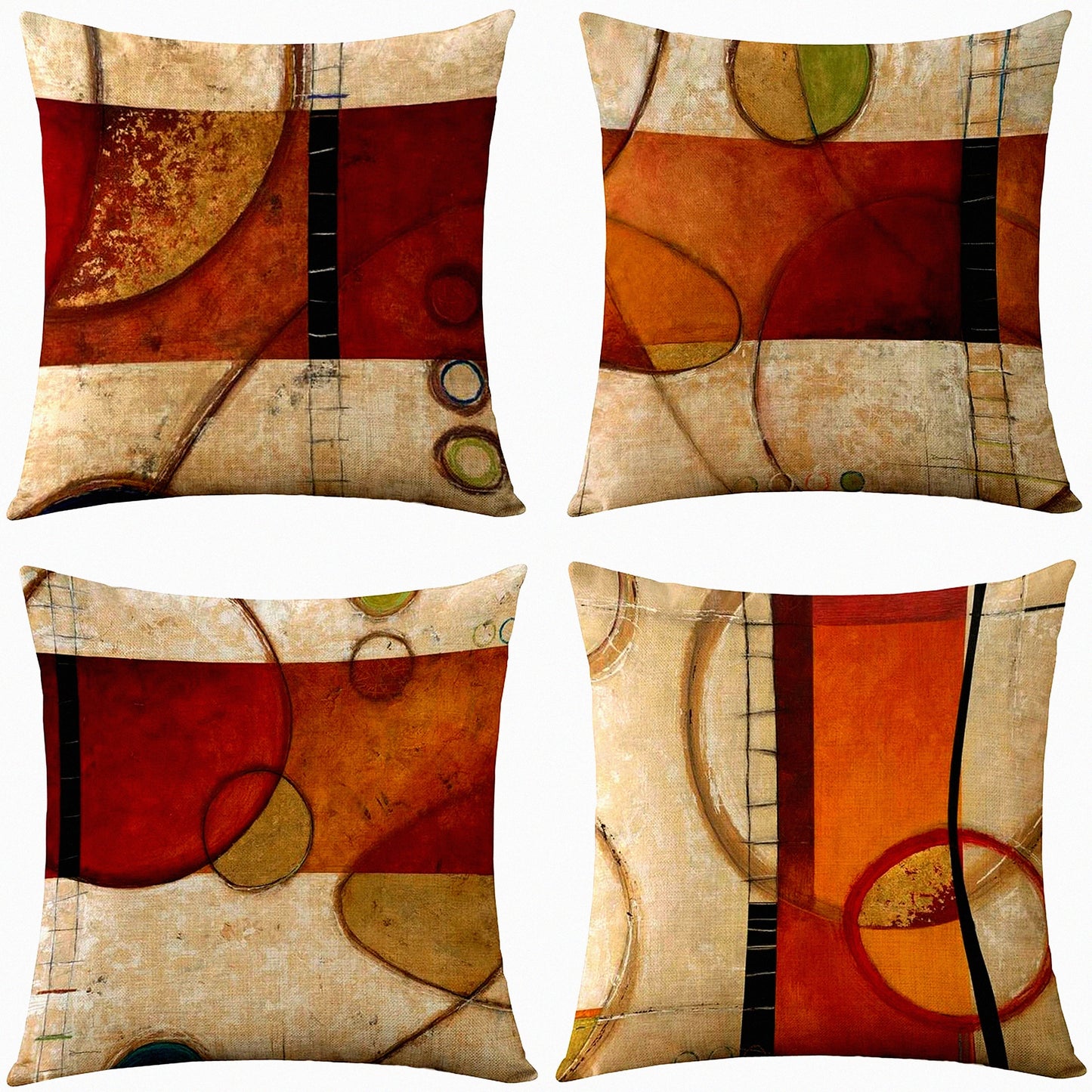 Vintage Abstract Fall Winter Pillow Covers - Set of 4 Square Burlap Cushion Cases 18x18 Inch for Living Room, Couch, and Bed - Brick Red Circle Design