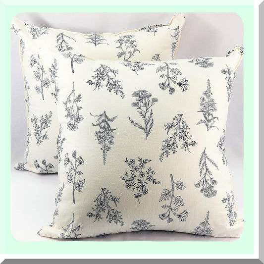 WildFlower Linen Cotton Pillowcase Set - Decorative Cushion Covers 20x20 Inch - Natural Square Throw Pillow Case for Sofa Couch Bed - White - Set of 2 - Gift