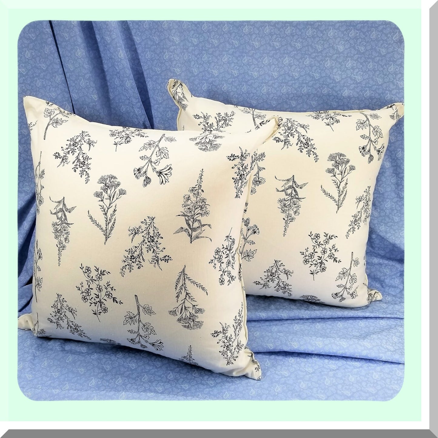 WildFlower Linen Cotton Pillowcase Set - Decorative Cushion Covers 20x20 Inch - Natural Square Throw Pillow Case for Sofa Couch Bed - White - Set of 2 - Gift