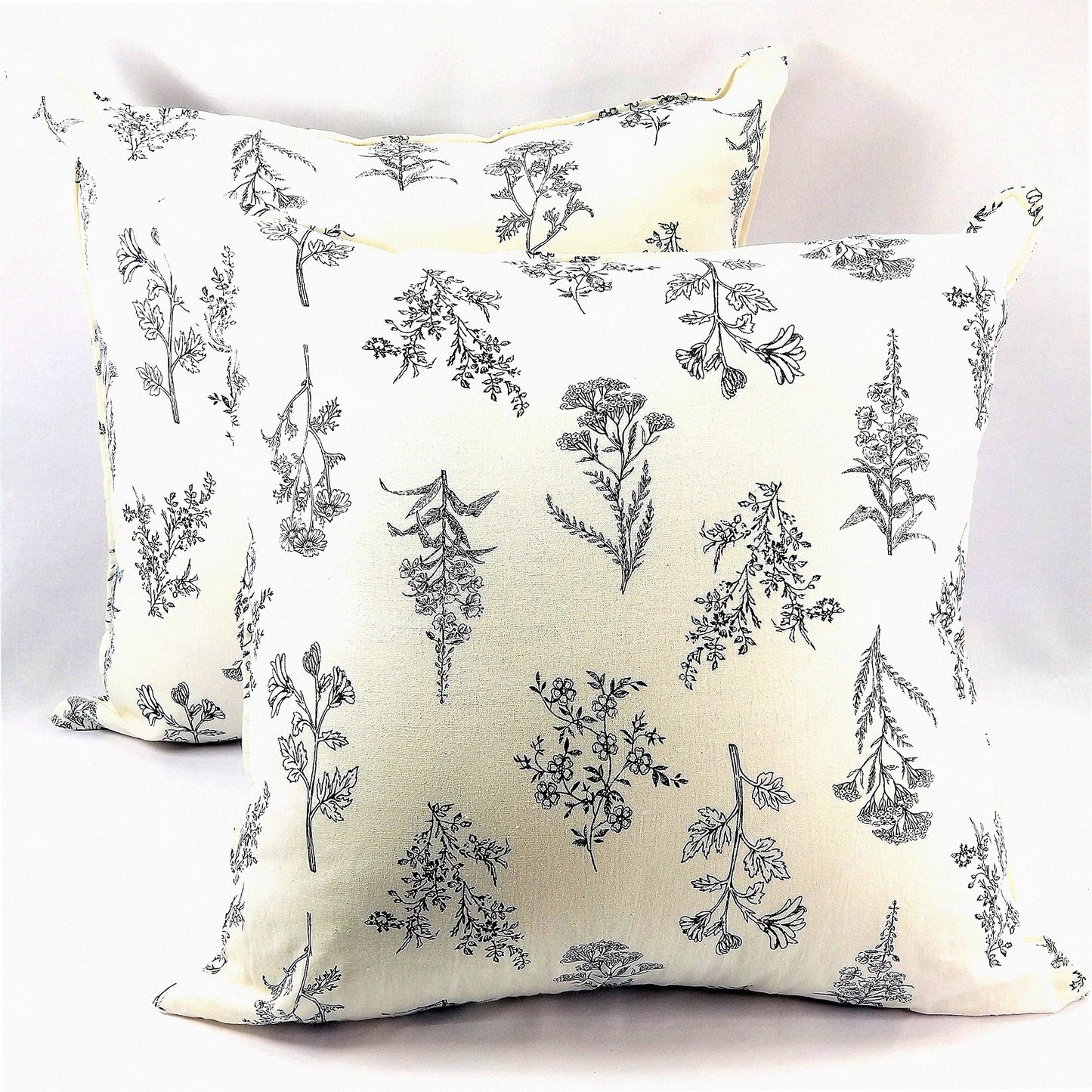 WildFlower Linen Cotton Pillowcase Set - Decorative Cushion Covers 20x20 Inch - Natural Square Throw Pillow Case for Sofa Couch Bed - White - Set of 2 - Gift