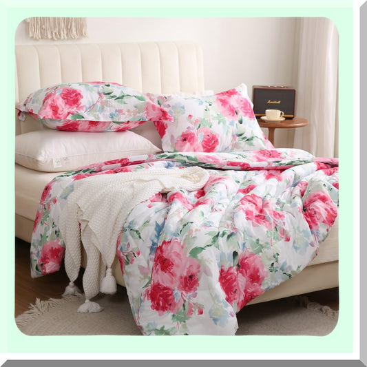 Floral Bliss 3-Piece Comforter Set - All Season Lightweight Microfiber Bedding with Pillow Shams - Queen Size - Printed Floral Design