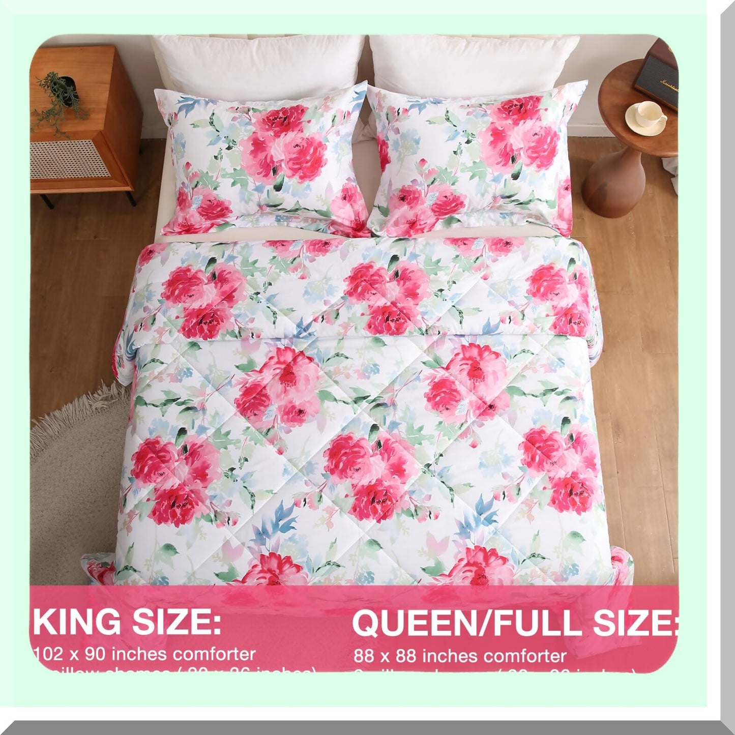 Floral Bliss 3-Piece Comforter Set - All Season Lightweight Microfiber Bedding with Pillow Shams - Queen Size - Printed Floral Design