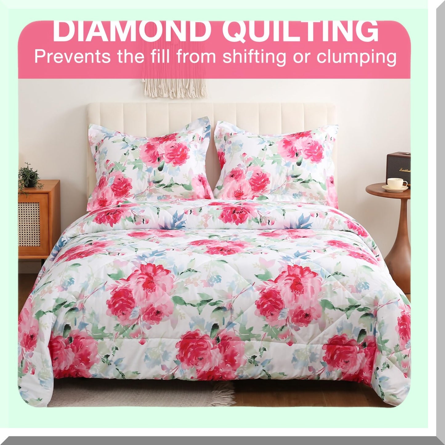 Floral Bliss 3-Piece Comforter Set - All Season Lightweight Microfiber Bedding with Pillow Shams - Queen Size - Printed Floral Design
