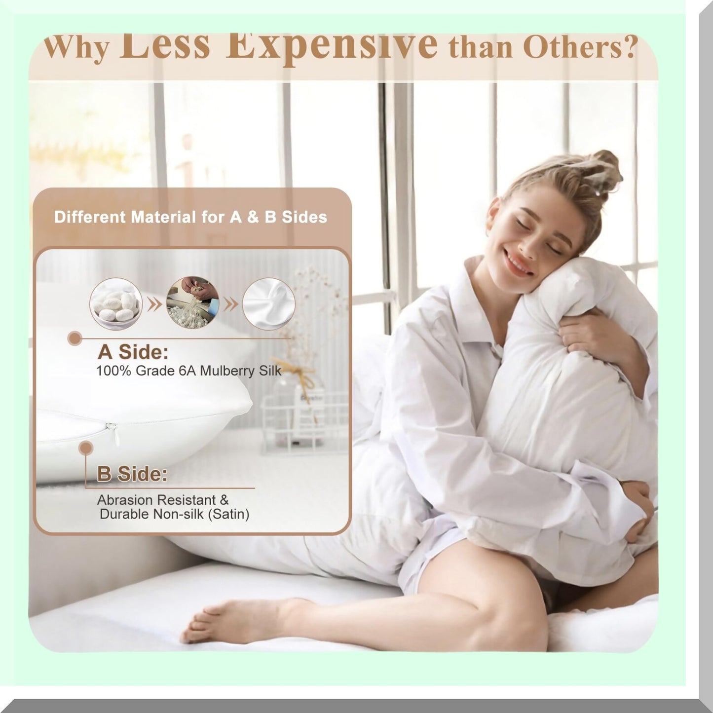 CoolSilk HairGuard Pillowcase Set - 100% Mulberry Silk, Hidden Zipper, Cooling Technology, Queen Size, Pearl White - Pack of 2