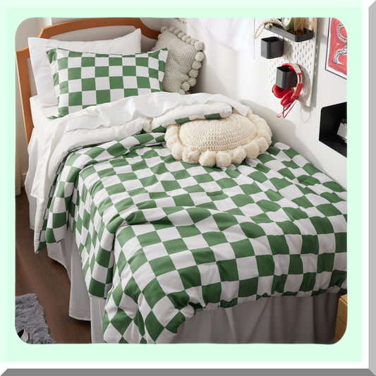Plaid Grid Green Comforter Set - Twin XL Dorm Bedding - Soft Checkered Bedding Set with Pillow Sham - 2 Piece Extra Long Comforter Set