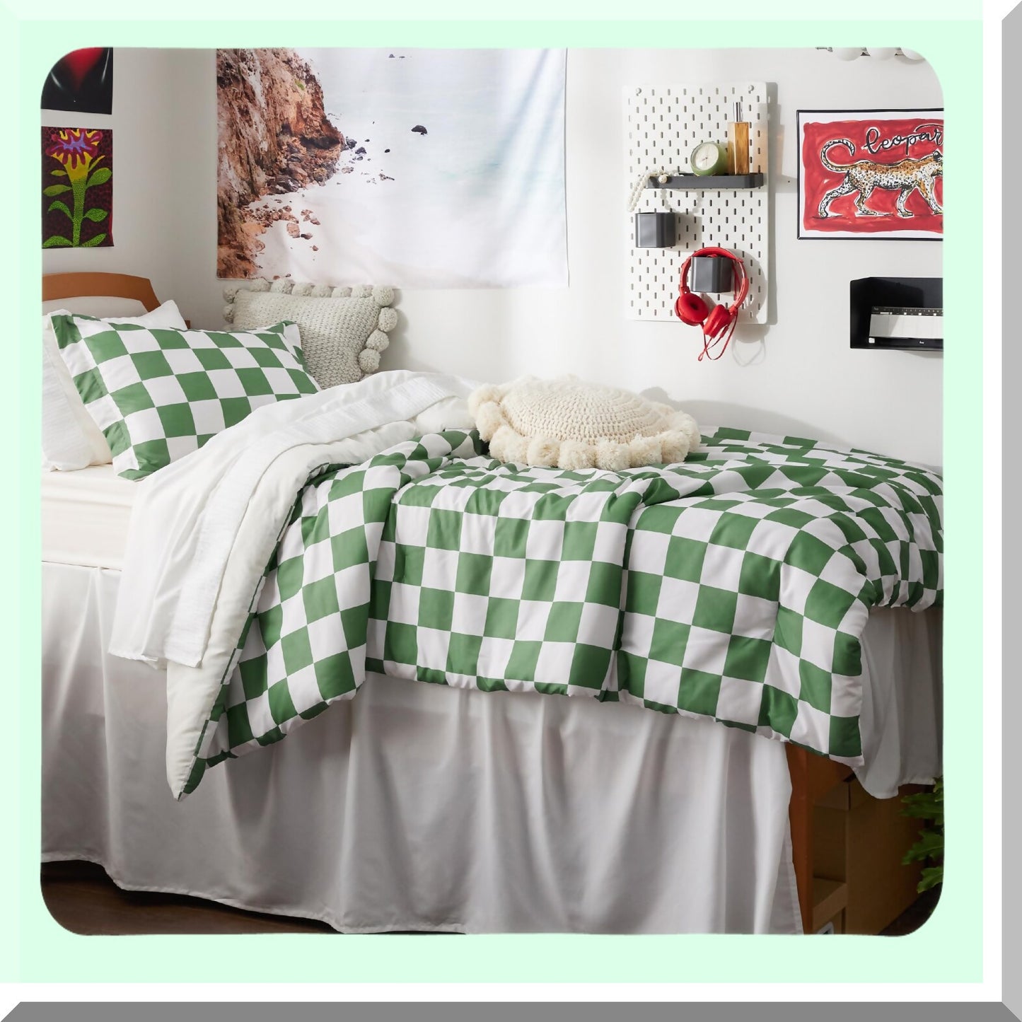Plaid Grid Green Comforter Set - Twin XL Dorm Bedding - Soft Checkered Bedding Set with Pillow Sham - 2 Piece Extra Long Comforter Set