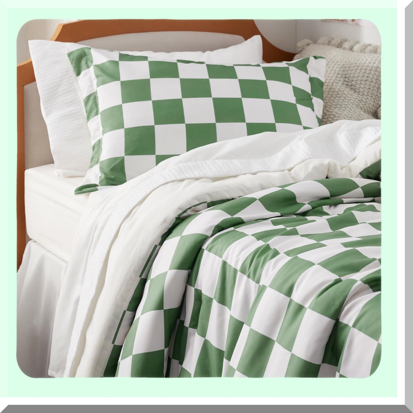 Plaid Grid Green Comforter Set - Twin XL Dorm Bedding - Soft Checkered Bedding Set with Pillow Sham - 2 Piece Extra Long Comforter Set