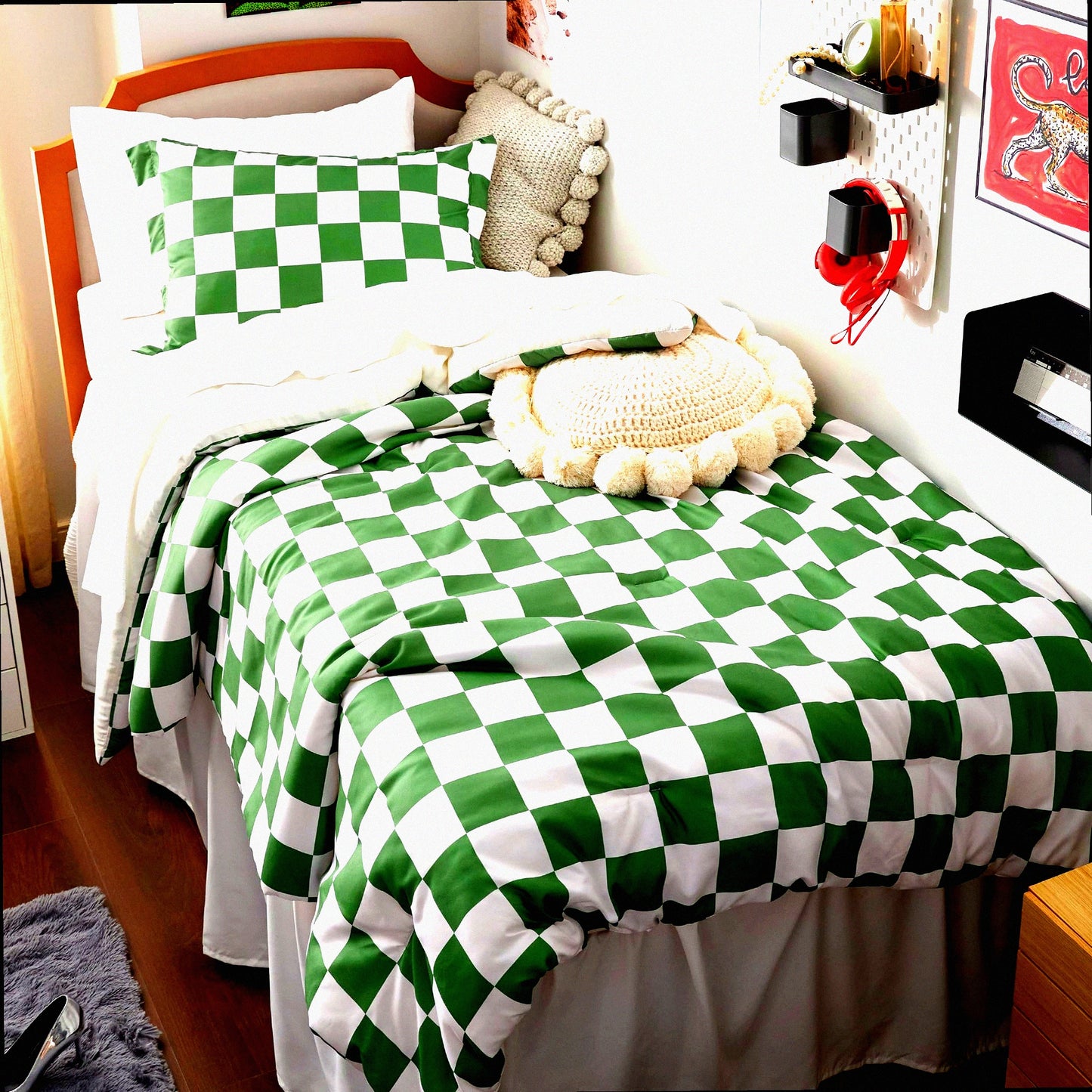 Plaid Grid Green Comforter Set - Twin XL Dorm Bedding - Soft Checkered Bedding Set with Pillow Sham - 2 Piece Extra Long Comforter Set
