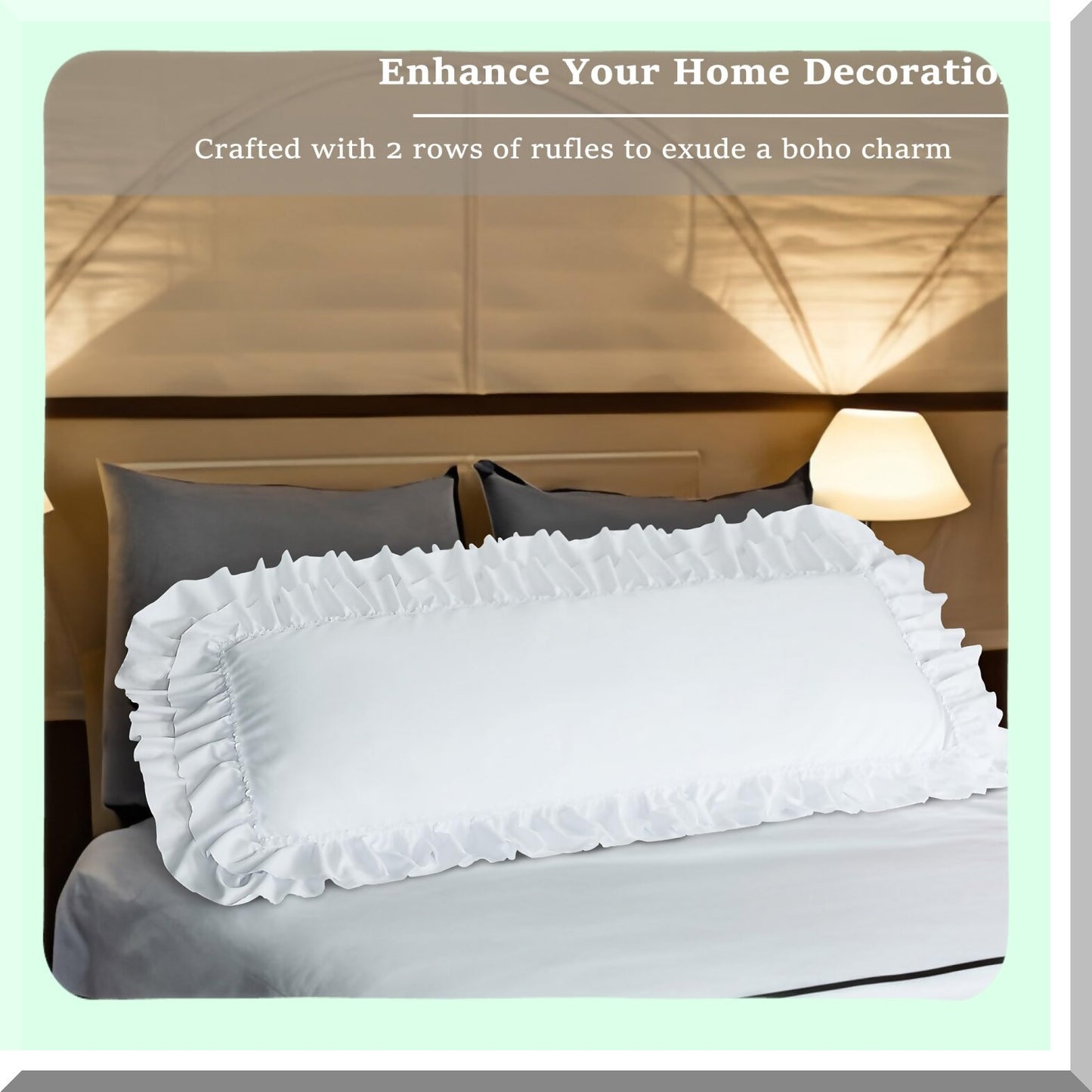 Ruffle Chic Body Pillow Cover - French Country Decor, Victorian Style Long Pillowcase for Sleeping, Reading, Pregnancy - 20"X54" - Boho Frilly Design