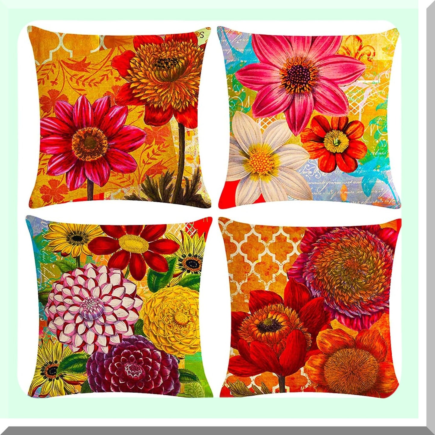 Sunflower Square Cushion Covers Set - Decorative Soft Throw Pillow Cases for Chair, Indoor Home Decor - 18 x 18 inches, Pack of 4