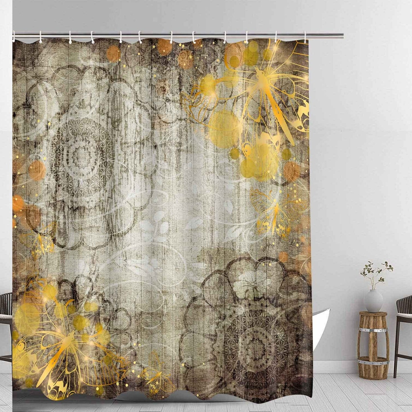 Boho Floral Yellow Butterfly Shower Curtain 71"x72"