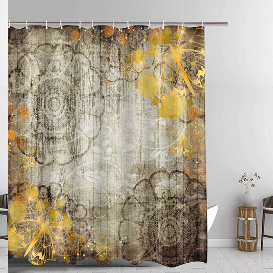 Boho Floral Yellow Butterfly Shower Curtain 71"x72"
