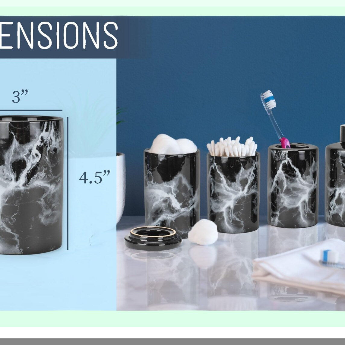 Marbled Black and White 4.5 Inch Ceramic Bathroom Set