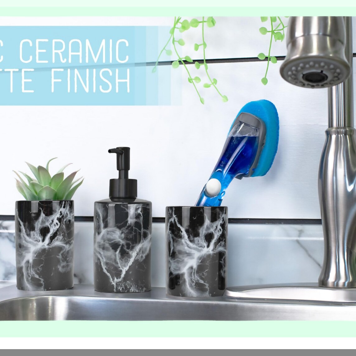 Marbled Black and White 4.5 Inch Ceramic Bathroom Set