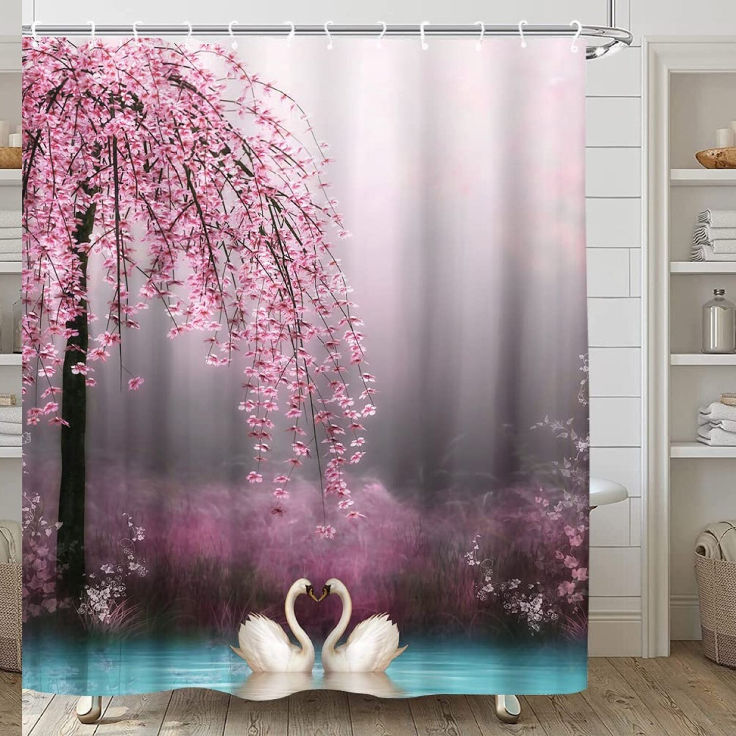Cherry Blossoms Swan Shower Curtain Pink Peach 1 Piece