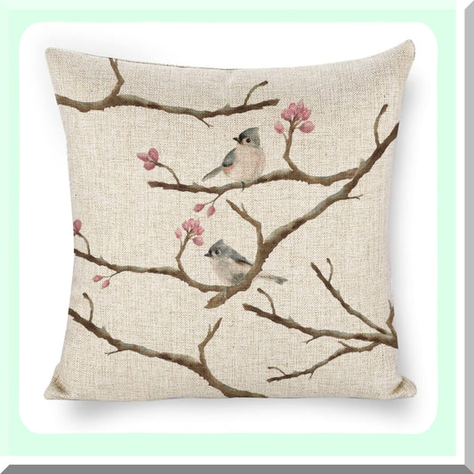 Nature's Nest Linen Bird Pillowcase - 18x18 Decorative Tree Cushion Cover for Bedroom, Living Room, Car. Add a touch of nature to your space!