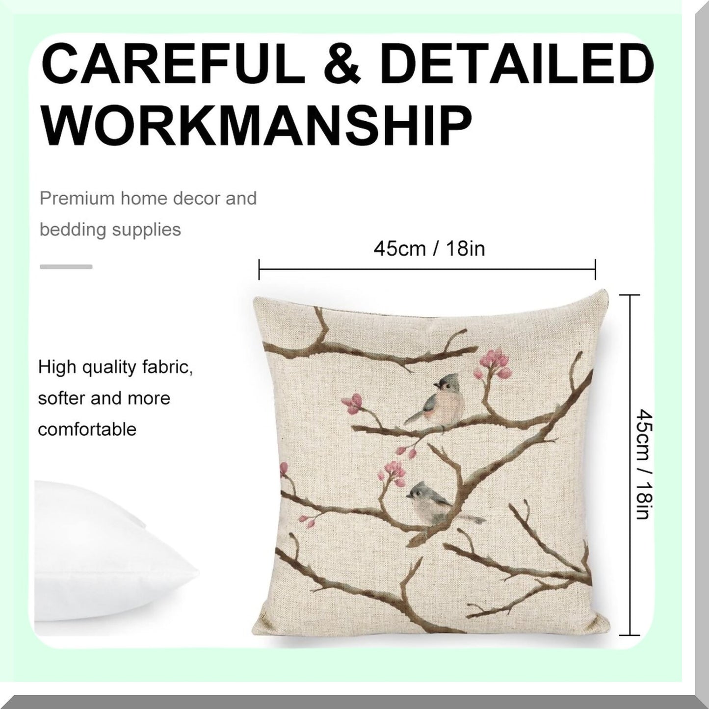 Nature's Nest Linen Bird Pillowcase - 18x18 Decorative Tree Cushion Cover for Bedroom, Living Room, Car. Add a touch of nature to your space!