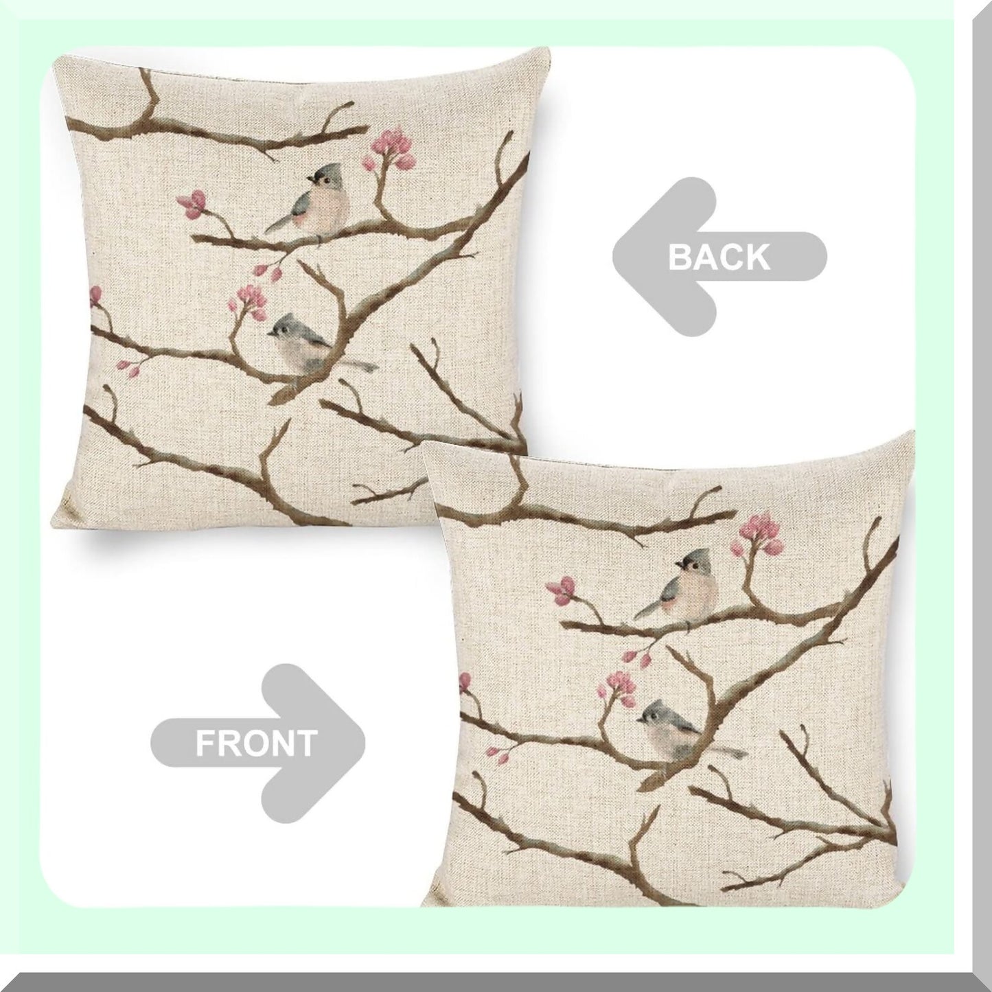 Nature's Nest Linen Bird Pillowcase - 18x18 Decorative Tree Cushion Cover for Bedroom, Living Room, Car. Add a touch of nature to your space!