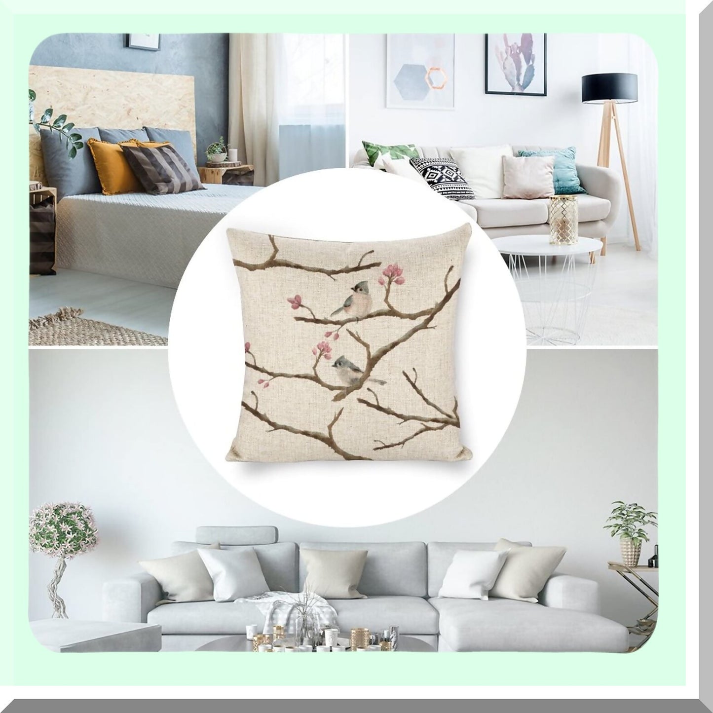 Nature's Nest Linen Bird Pillowcase - 18x18 Decorative Tree Cushion Cover for Bedroom, Living Room, Car. Add a touch of nature to your space!