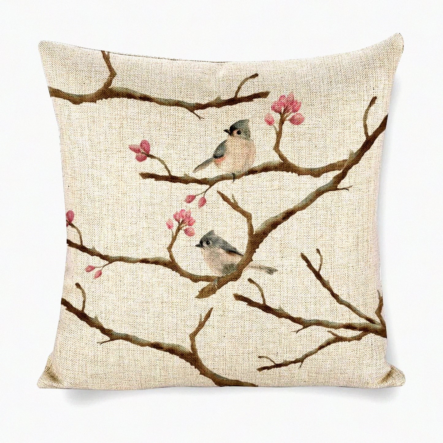 Nature's Nest Linen Bird Pillowcase - 18x18 Decorative Tree Cushion Cover for Bedroom, Living Room, Car. Add a touch of nature to your space!