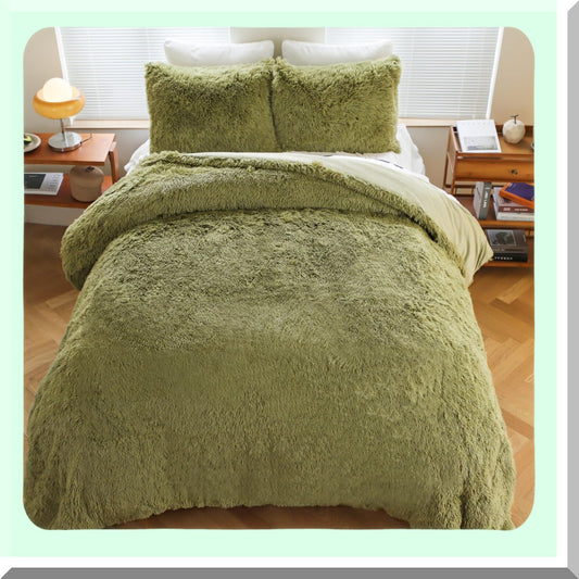 Sage Green Shaggy Comforter Set - Plush Flannel Velvet Furry Bedding with Pillow Shams - Queen Size Washable Comforter Set