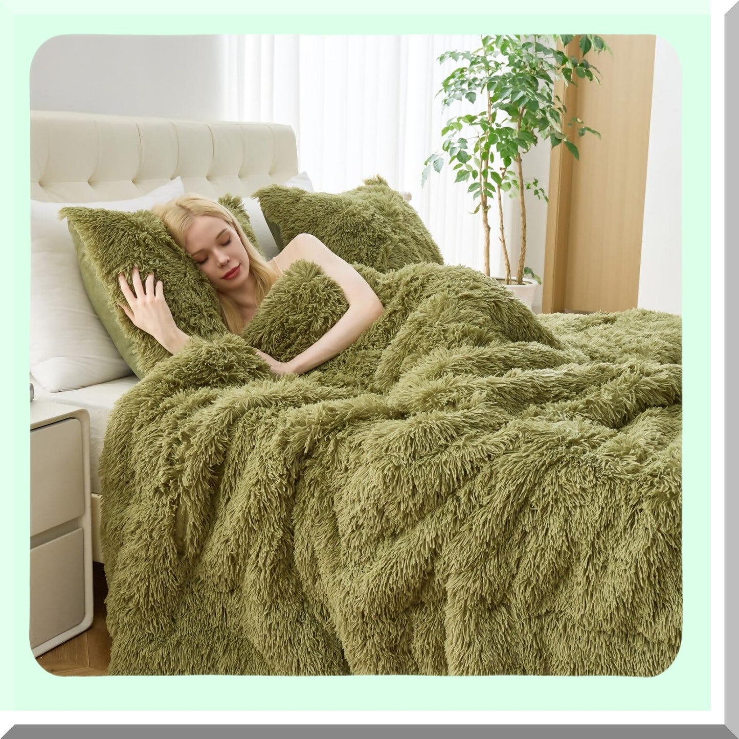 Sage Green Shaggy Comforter Set - Plush Flannel Velvet Furry Bedding with Pillow Shams - Queen Size Washable Comforter Set