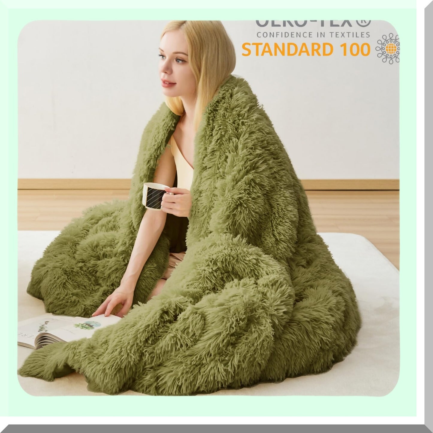 Sage Green Shaggy Comforter Set - Plush Flannel Velvet Furry Bedding with Pillow Shams - Queen Size Washable Comforter Set