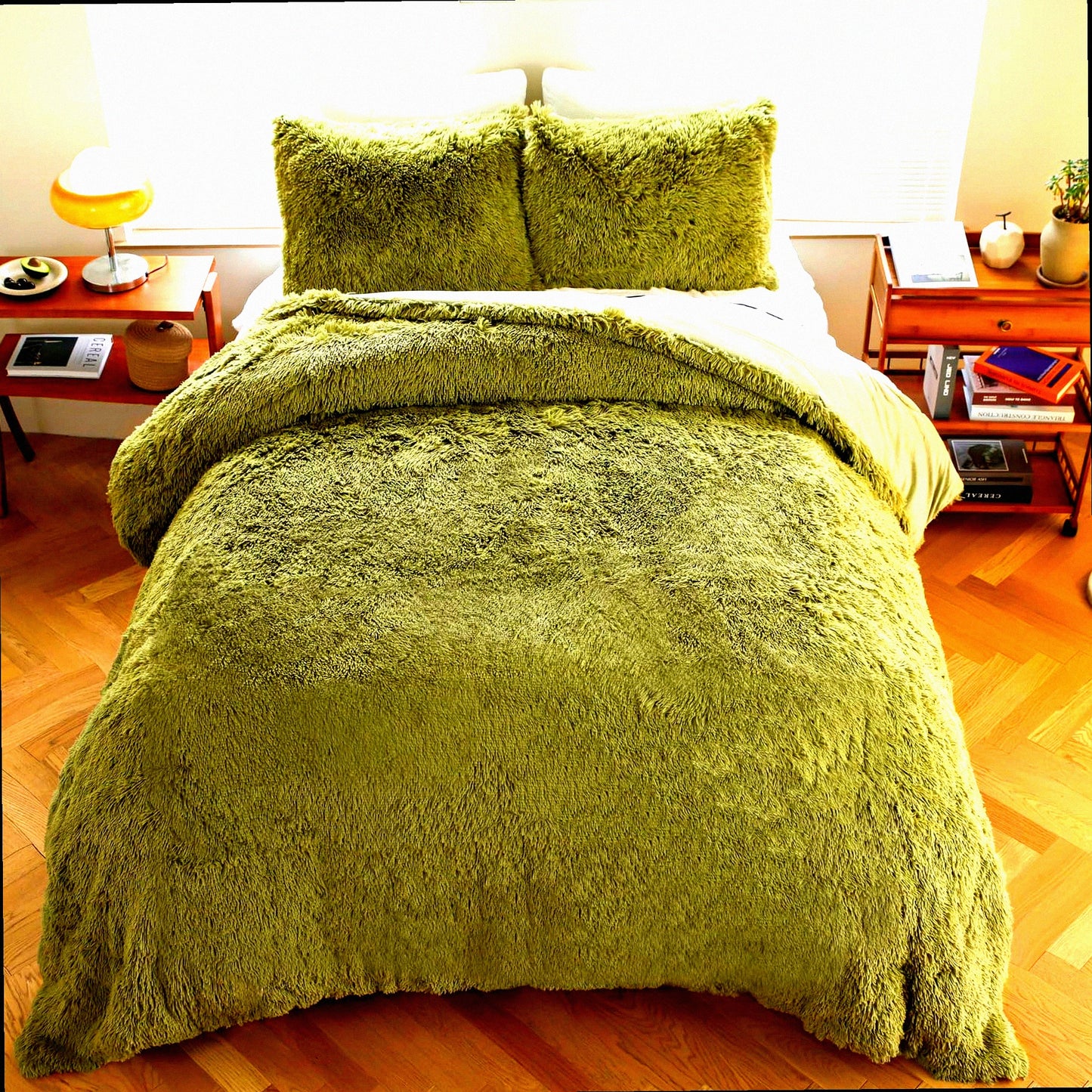 Sage Green Shaggy Comforter Set - Plush Flannel Velvet Furry Bedding with Pillow Shams - Queen Size Washable Comforter Set