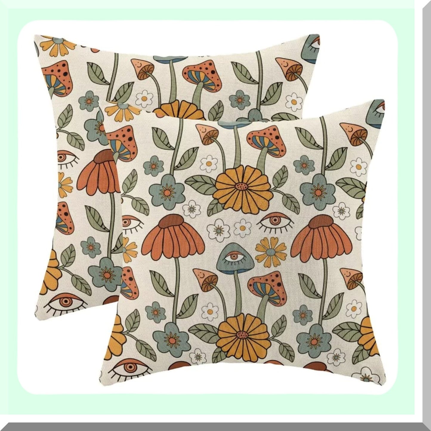 Retro Mushroom Farmhouse Pillow Covers - Set of 2 18x18 Yellow Orange Floral Linen Decorative Outdoor Cushion Covers for Couch Sofa Summer Home Decor
