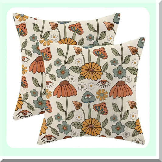 Retro Mushroom Farmhouse Pillow Covers - Set of 2 18x18 Yellow Orange Floral Linen Decorative Outdoor Cushion Covers for Couch Sofa Summer Home Decor
