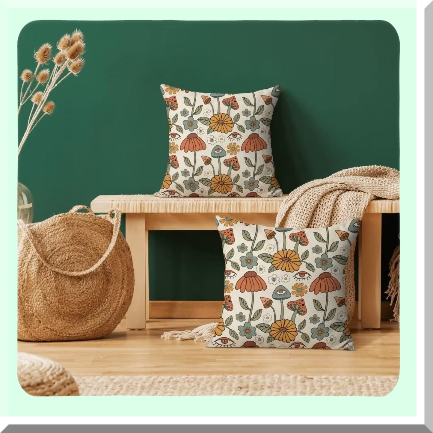 Retro Mushroom Farmhouse Pillow Covers - Set of 2 18x18 Yellow Orange Floral Linen Decorative Outdoor Cushion Covers for Couch Sofa Summer Home Decor