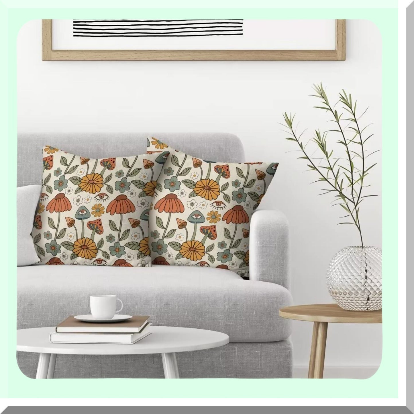 Retro Mushroom Farmhouse Pillow Covers - Set of 2 18x18 Yellow Orange Floral Linen Decorative Outdoor Cushion Covers for Couch Sofa Summer Home Decor