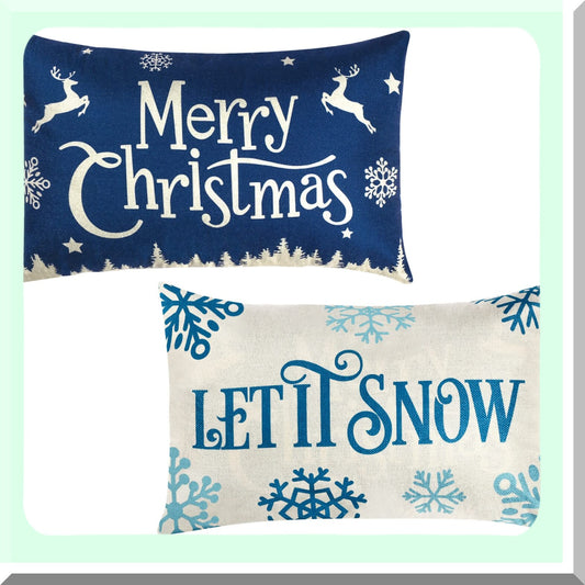 Winter Wonderland Pillowcase Set - Merry & Let It Snow Linen Cushion Covers for 20 x 12 Inch Pillows. Xmas Rectangular Decorative Couch Pillow Cases.
