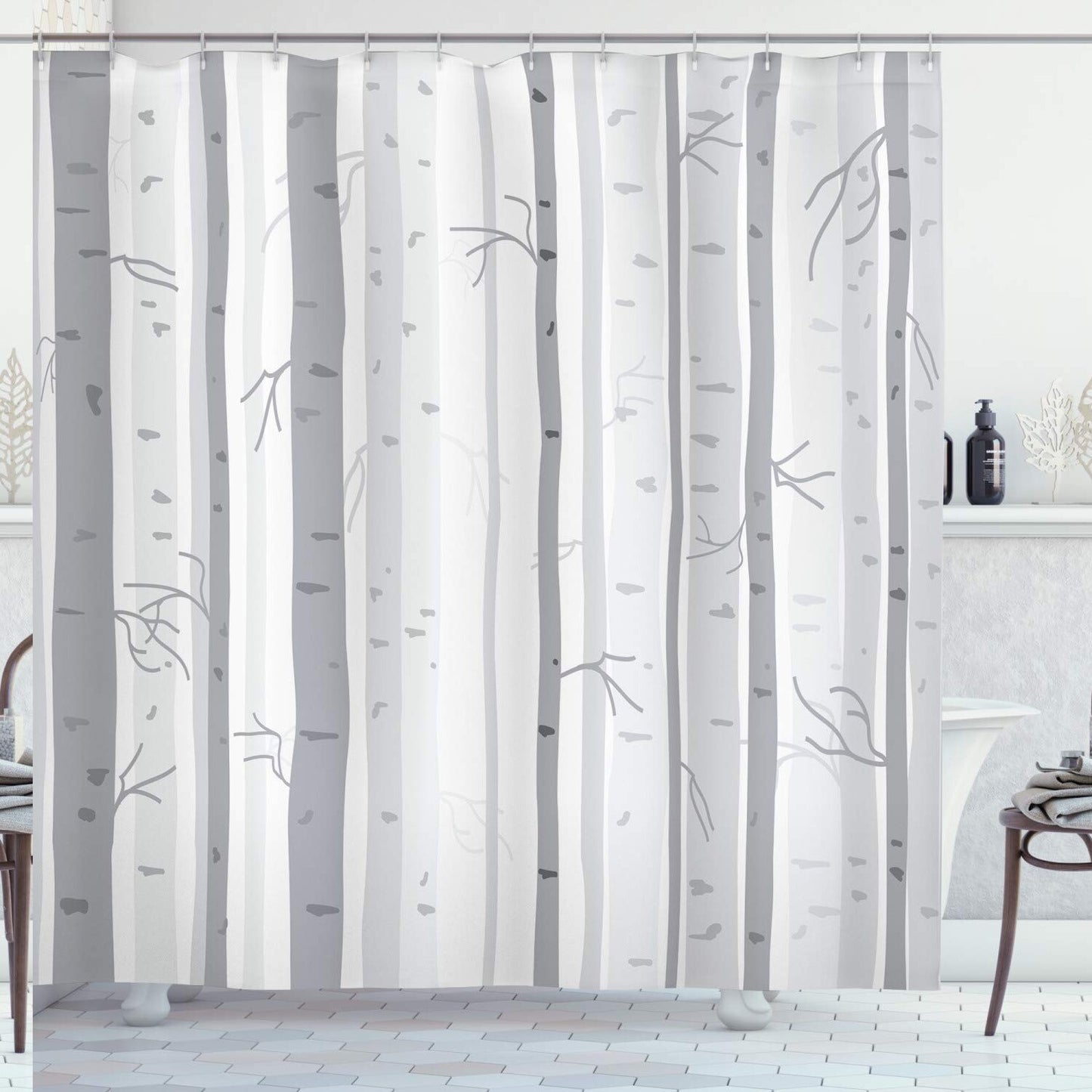 Grey Shower Curtain with Birch Trees in Autumn Design, 69" W x 75" L