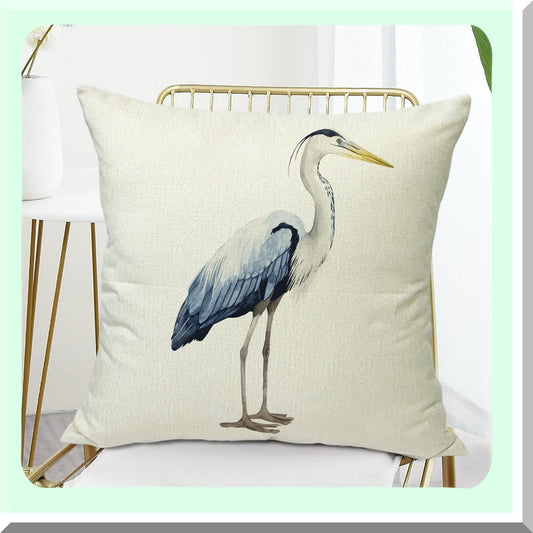 Heron Watercolor Decor Pillow - 18x18 Throw Cushion Cover for Couch & Bed Linen - Square Pillowcase - Decorative Pillow Covers