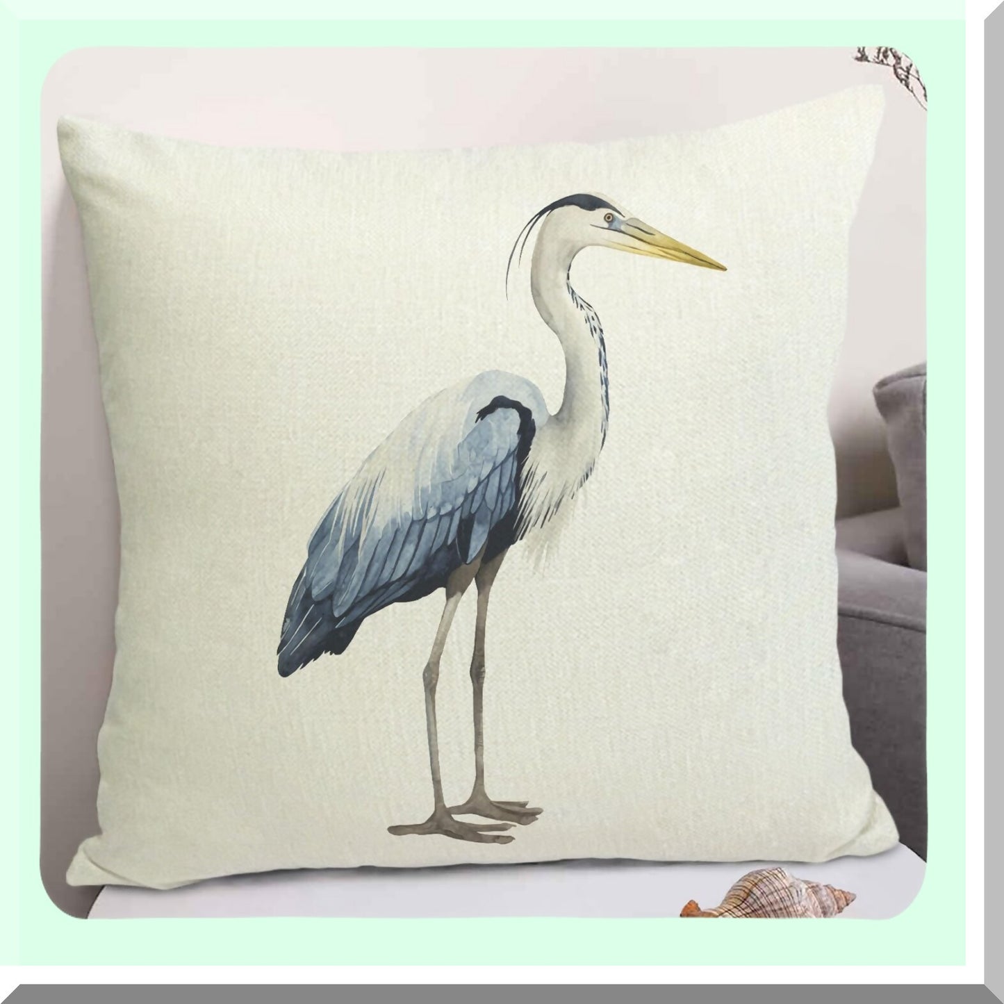 Heron Watercolor Decor Pillow - 18x18 Throw Cushion Cover for Couch & Bed Linen - Square Pillowcase - Decorative Pillow Covers