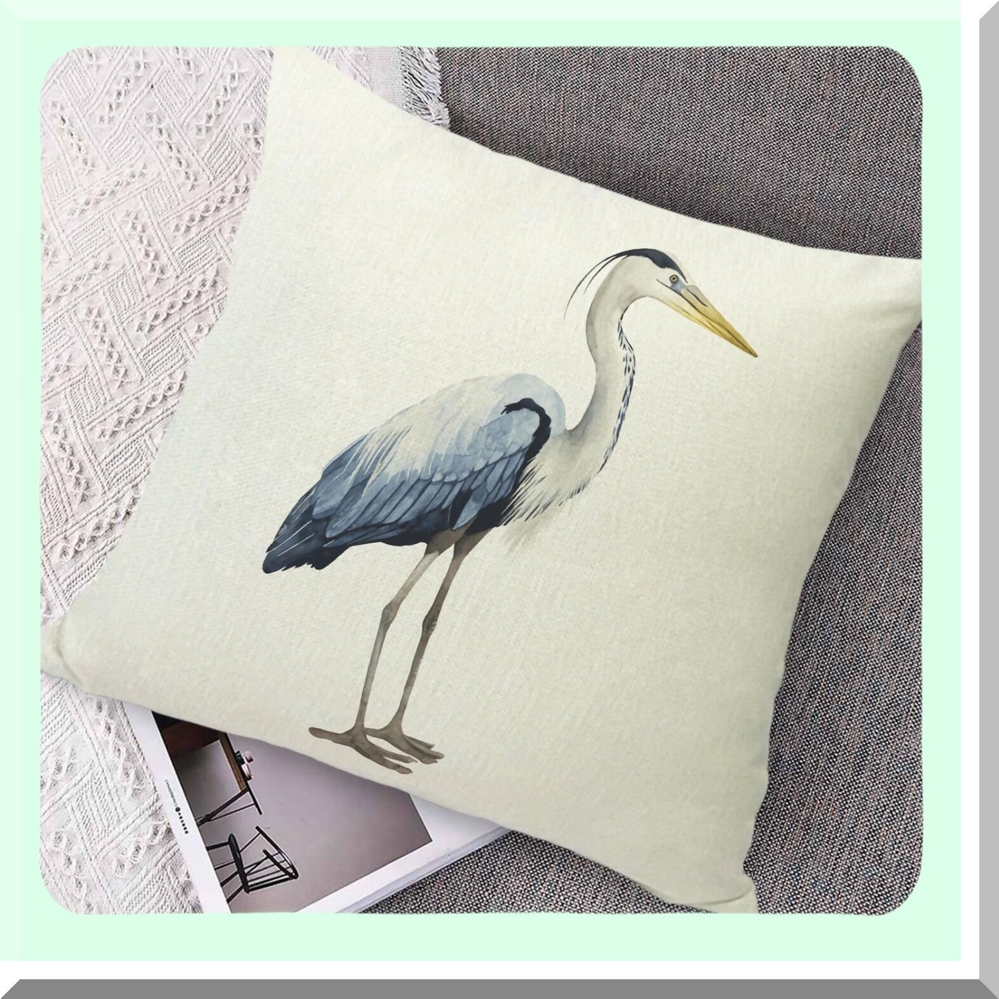 Heron Watercolor Decor Pillow - 18x18 Throw Cushion Cover for Couch & Bed Linen - Square Pillowcase - Decorative Pillow Covers