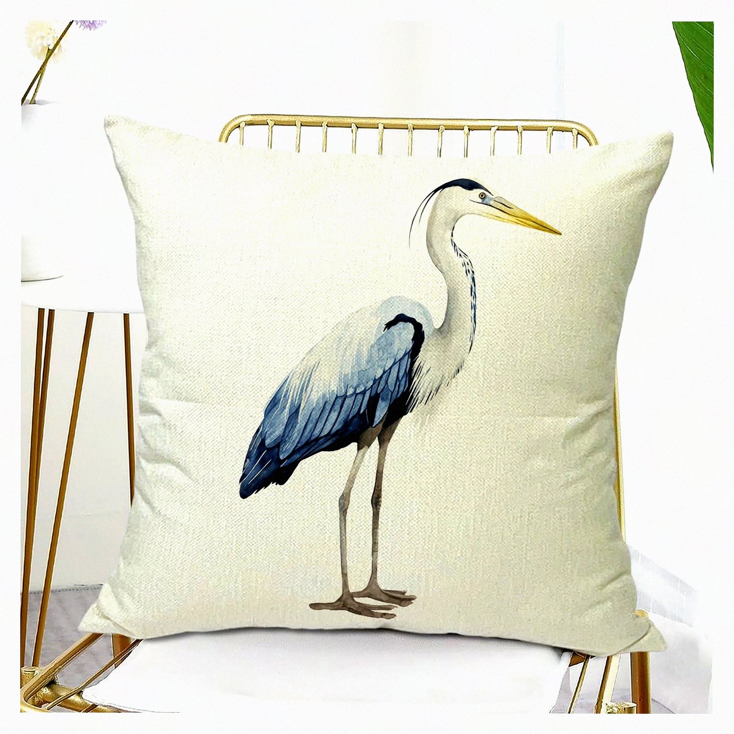 Heron Watercolor Decor Pillow - 18x18 Throw Cushion Cover for Couch & Bed Linen - Square Pillowcase - Decorative Pillow Covers