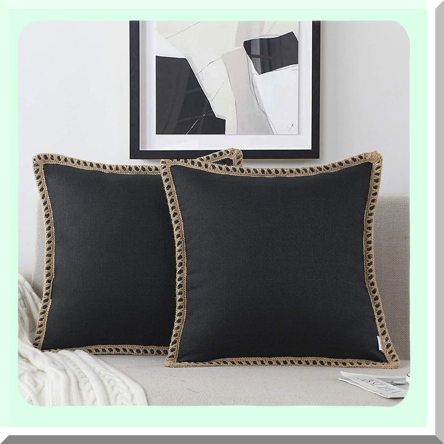 Farmhouse Burlap Trimmed Pillow Covers - Set of 2 Decorative Cushion Covers for Bed Decoration, Tailored Edges, 18 x 18, Black