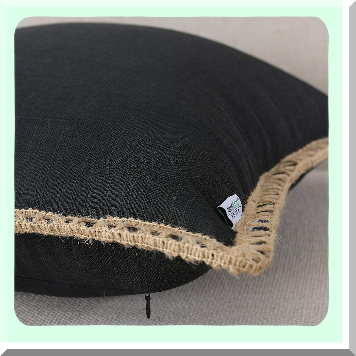 Farmhouse Burlap Trimmed Pillow Covers - Set of 2 Decorative Cushion Covers for Bed Decoration, Tailored Edges, 18 x 18, Black