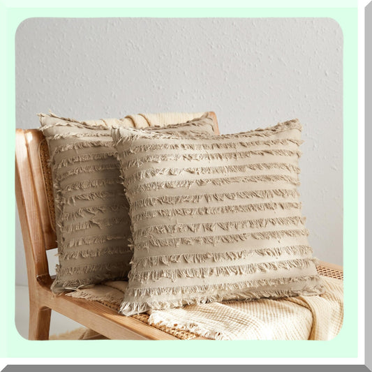 Boho Farmhouse Striped Cotton Pillow Covers - Set of 2, 18x18 Inch Accent Cushion Cases with Tels for Sofa Couch, Soft Decorative Home Décor