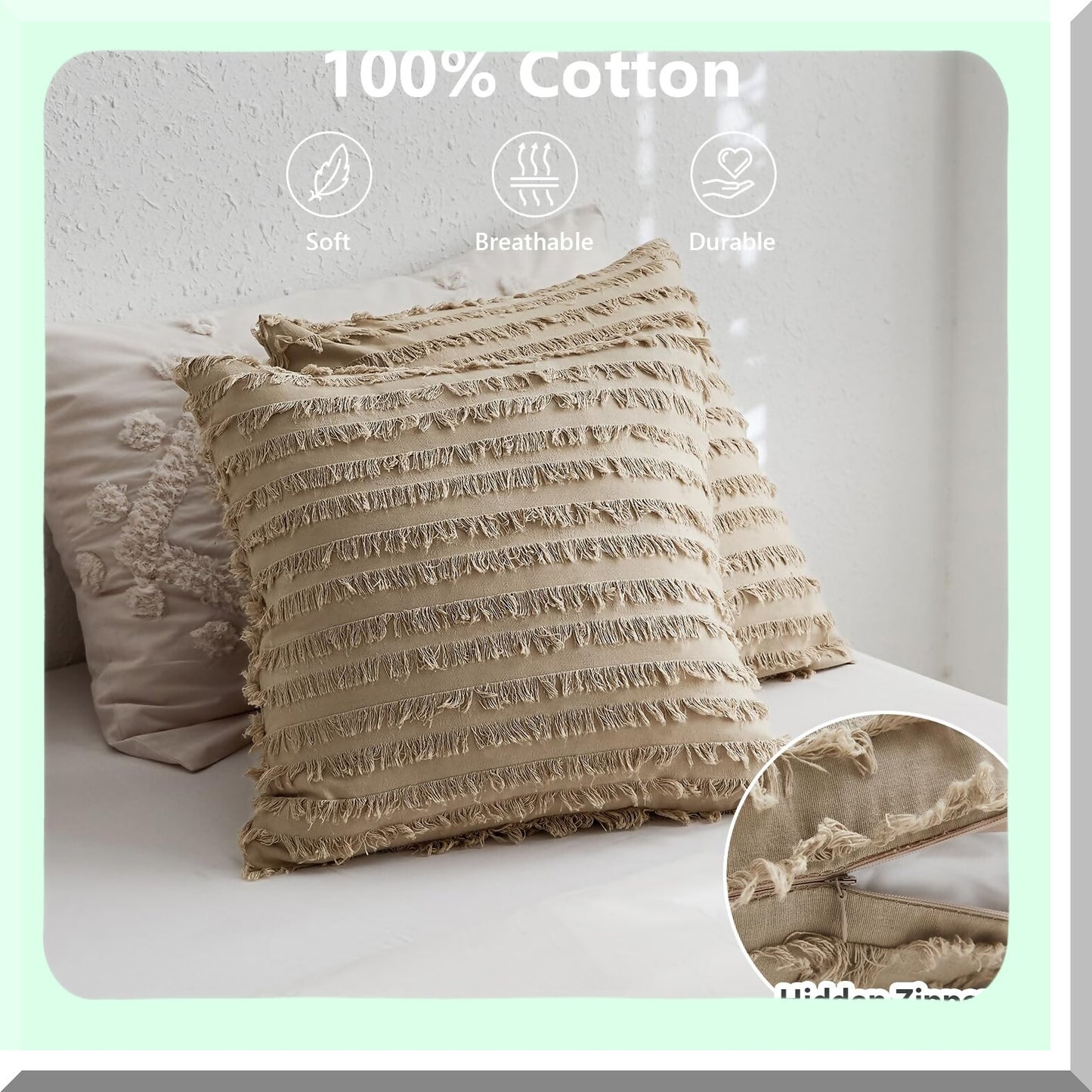 Boho Farmhouse Striped Cotton Pillow Covers - Set of 2, 18x18 Inch Accent Cushion Cases with Tels for Sofa Couch, Soft Decorative Home Décor