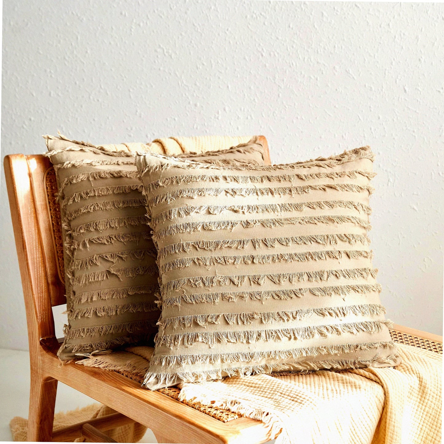 Boho Farmhouse Striped Cotton Pillow Covers - Set of 2, 18x18 Inch Accent Cushion Cases with Tels for Sofa Couch, Soft Decorative Home Décor