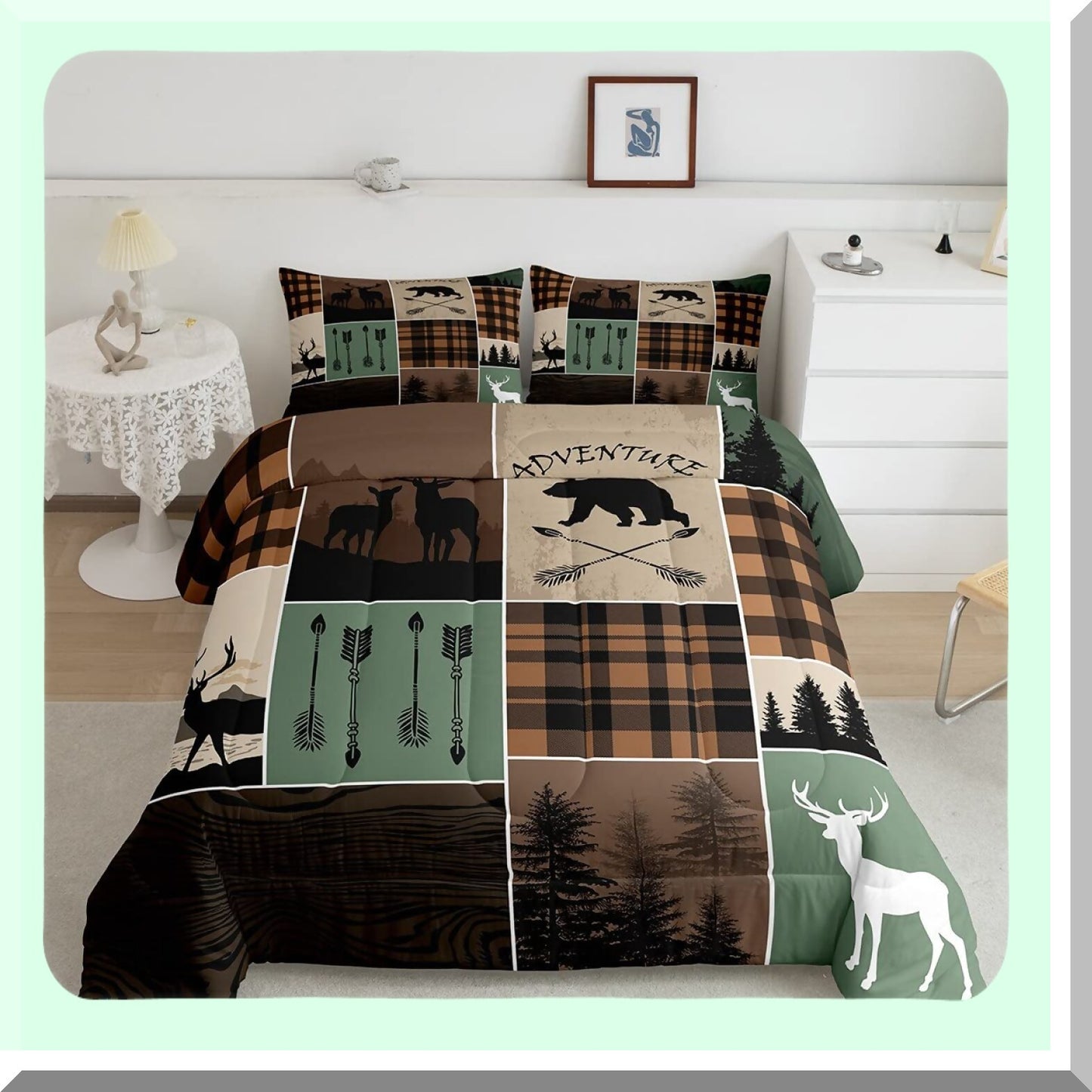 Wilderness Adventure Quilt Set - Full Size Rustic Farmhouse Comforter with Bear, Deer, and Plaid Patchwork Design - Includes 2 Pillow Cases in Brown and Green