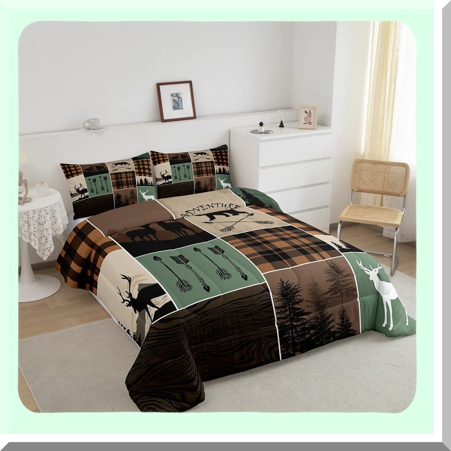 Wilderness Adventure Quilt Set - Full Size Rustic Farmhouse Comforter with Bear, Deer, and Plaid Patchwork Design - Includes 2 Pillow Cases in Brown and Green