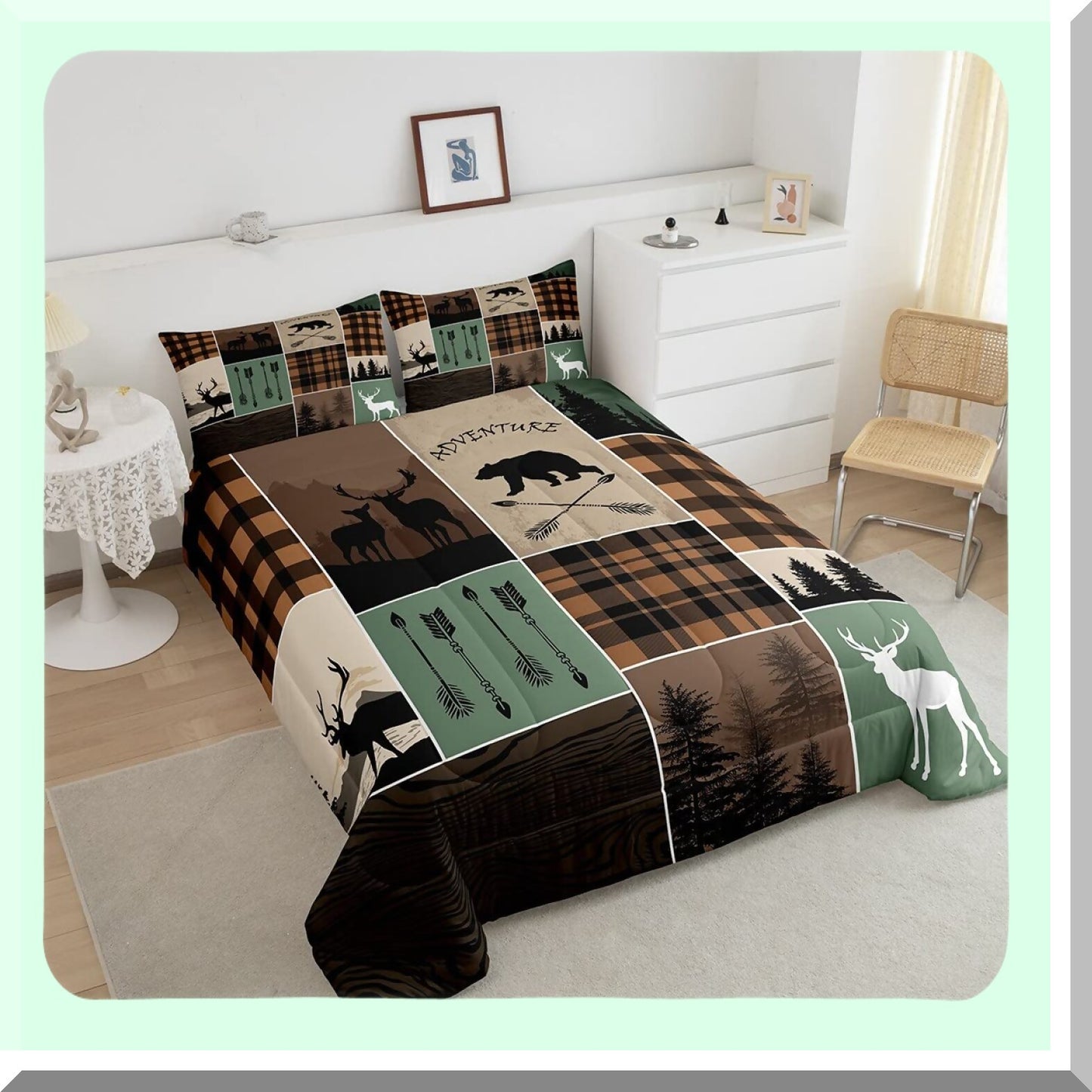 Wilderness Adventure Quilt Set - Full Size Rustic Farmhouse Comforter with Bear, Deer, and Plaid Patchwork Design - Includes 2 Pillow Cases in Brown and Green