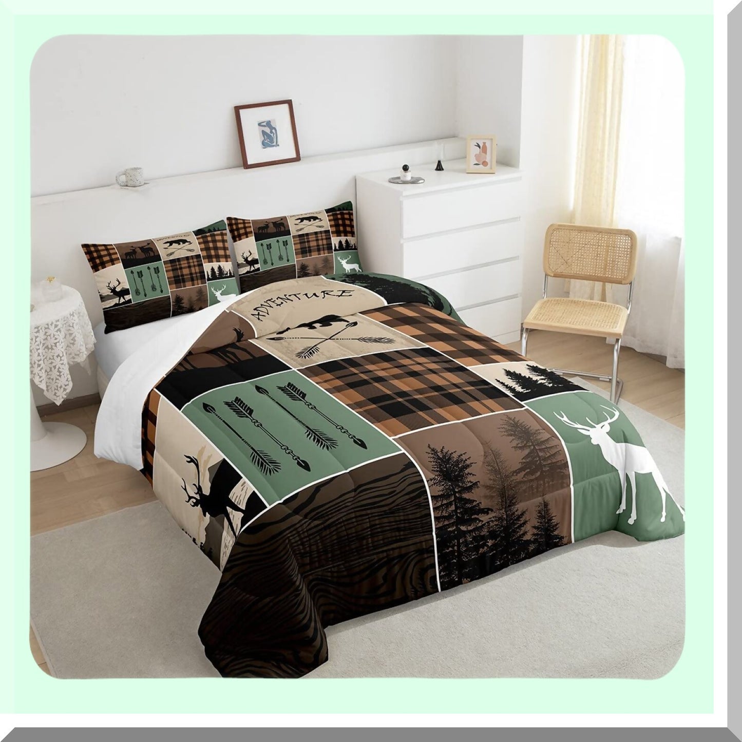 Wilderness Adventure Quilt Set - Full Size Rustic Farmhouse Comforter with Bear, Deer, and Plaid Patchwork Design - Includes 2 Pillow Cases in Brown and Green